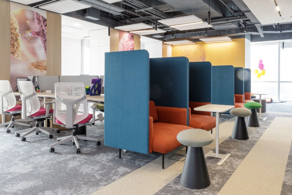 Herman Miller Sayl Chairs and MillerKnoll furniture in Pharmaceutical Office Lounge