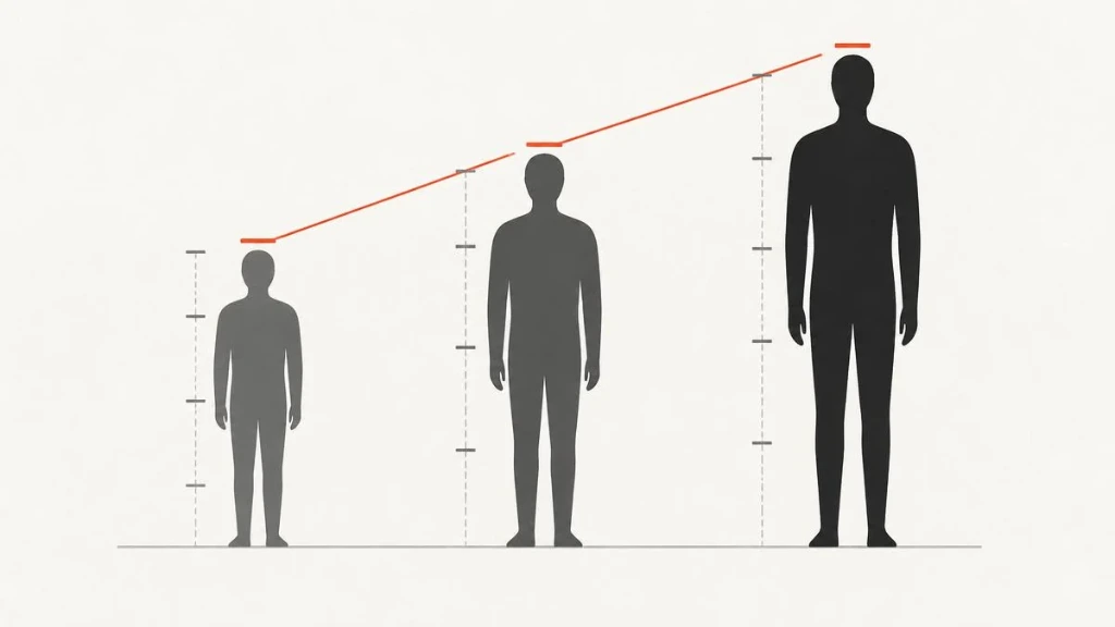 Aeron A, B, C sizes Illustration Illustration of three people of different heights with measurement marks showing how Aeron chair size follows body dimensions