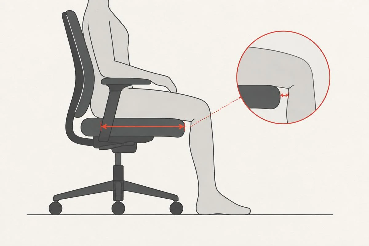 Abstract diagram explaining seat depth and thigh clearance when choosing an Aeron size