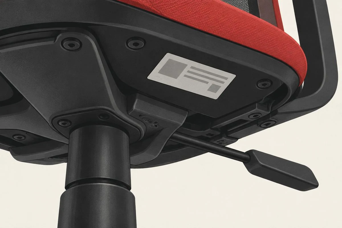 Abstract illustration showing where a chair manufacturing label may appear under the seat