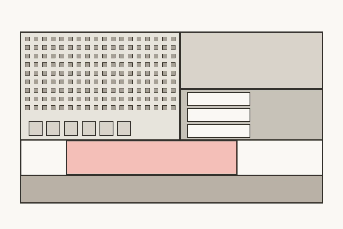 Top-down office plan showing focus, collaboration, meeting, social and support zones