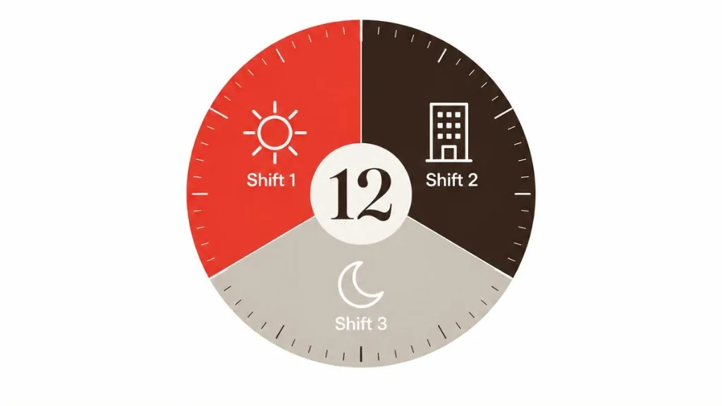 Diagram of a 24-hour dial split into three equal shifts with the number 12 in the centre, showing the round-the-clock rating of the Herman Miller warranty