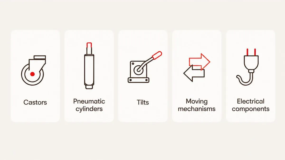 Five icons showing parts covered by the Herman Miller warranty: castors, pneumatic cylinders, tilt mechanisms, moving mechanisms and electrical components