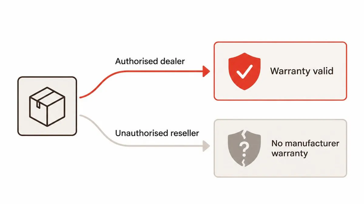 Two purchase paths compared: an authorised dealer leading to a valid manufacturer warranty, and an unauthorised reseller leading to no manufacturer warranty