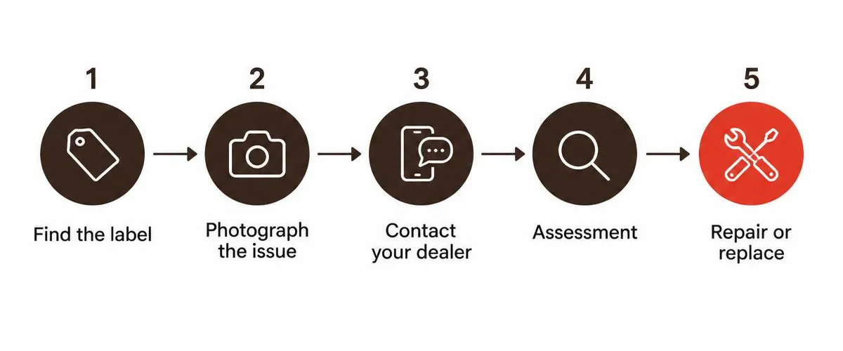 Five-step process for a Herman Miller warranty claim: find the label, photograph the issue, contact your dealer, assessment, repair or replacement
