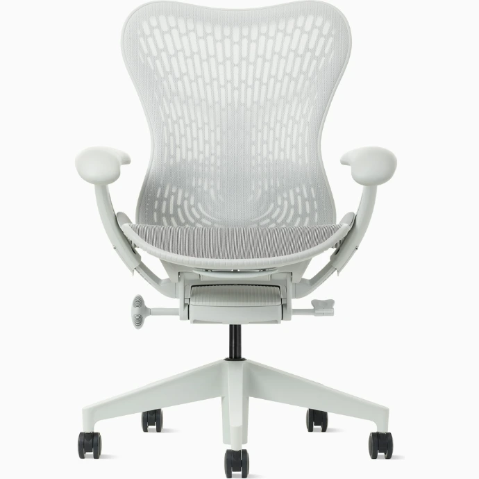 Front view of a Herman Miller Mirra 2 chair with a Butterfly back in alpine and a silver alloy base