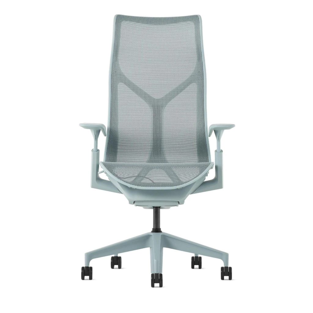 High-back Herman Miller Cosm Chair with leaf arms in Glacier light blue