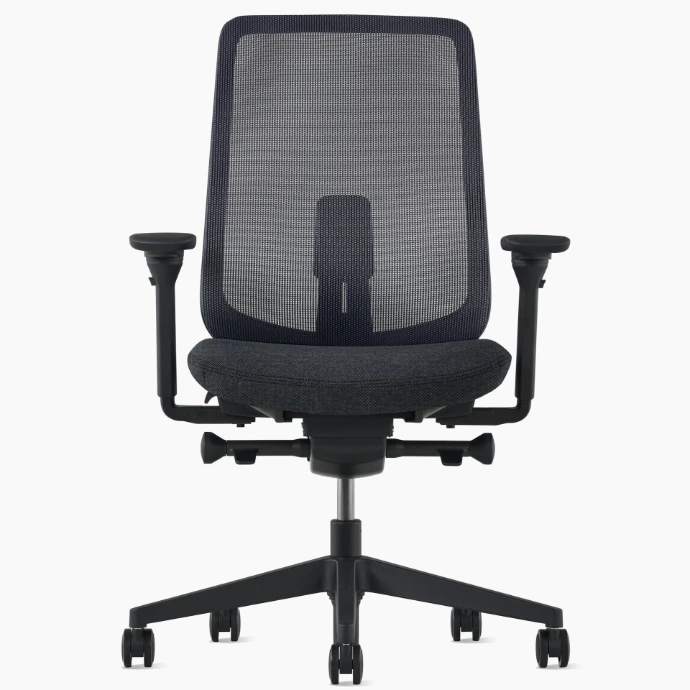 Front view of a Herman Miller Verus Chair in graphite, covered by the 12-year warranty