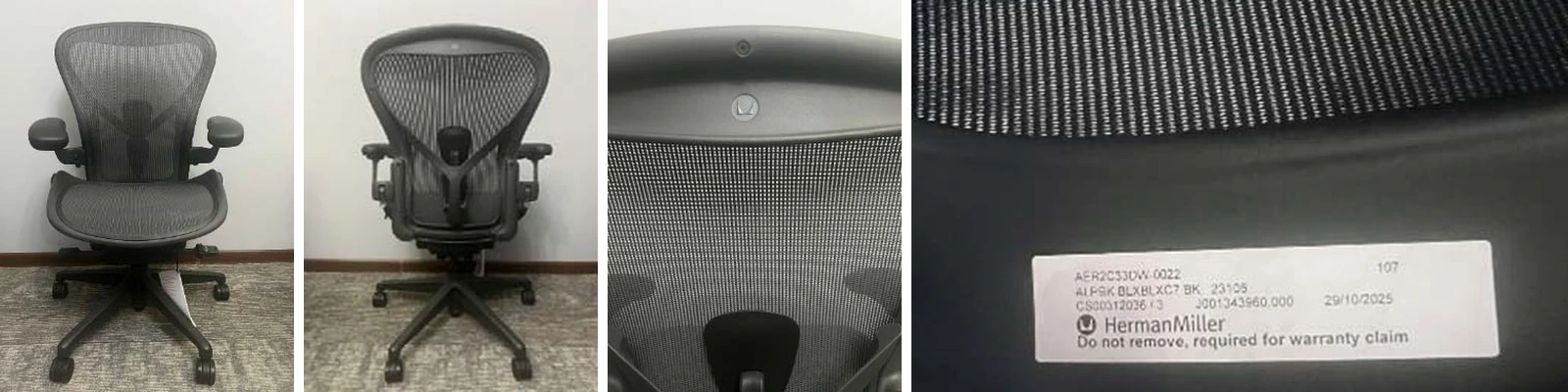 Four photos of an Aeron chair: front, back, close-up of the Herman Miller logo on the back frame, and the warranty label under the seat