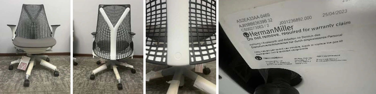 Four photos of a Sayl chair: front, back, close-up of the Herman Miller logo on the back frame, and the warranty label under the seat