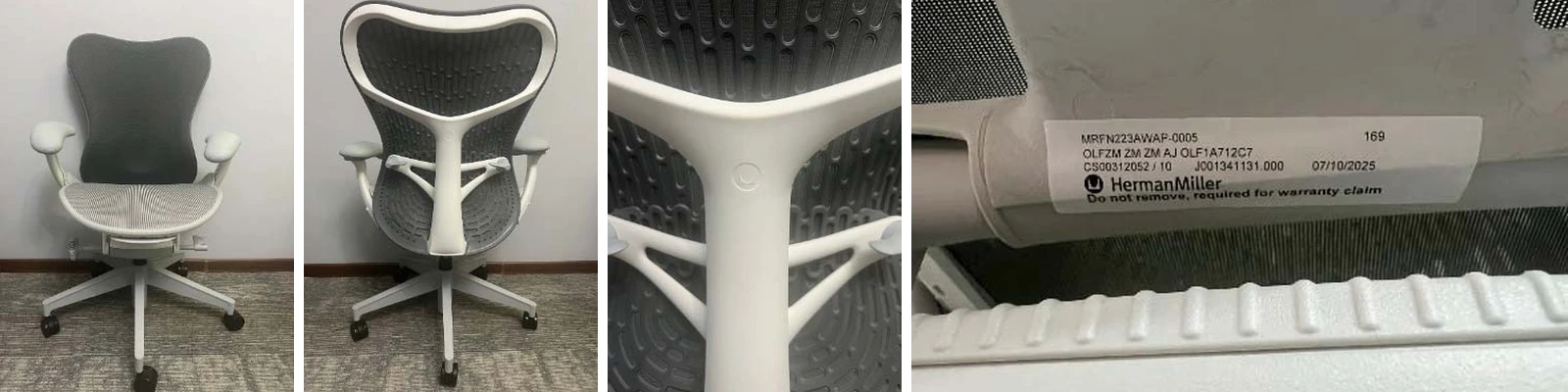 Four photos of a Mirra 2 chair: front, back, close-up of the Herman Miller logo on the back frame, and the warranty label under the seat