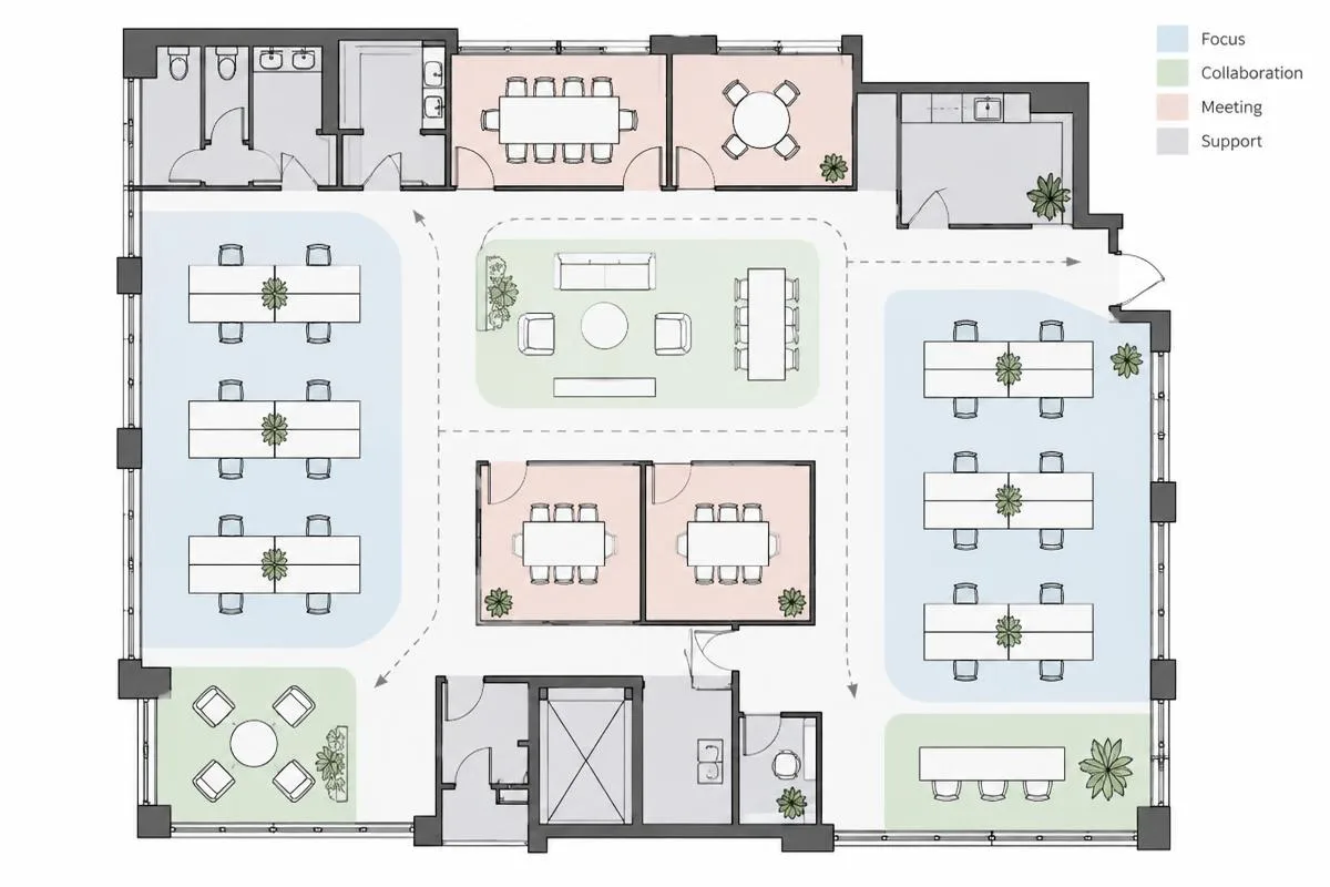 Test-fit floor plan example Anonymised test-fit floor plan showing workstation zones, meeting rooms and circulation routes