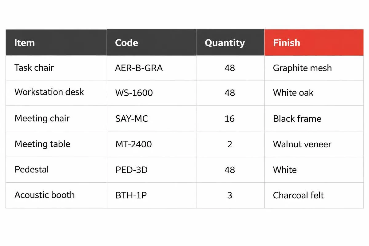 Furniture specification extract Extract from an office furniture specification listing item codes, quantities and finishes