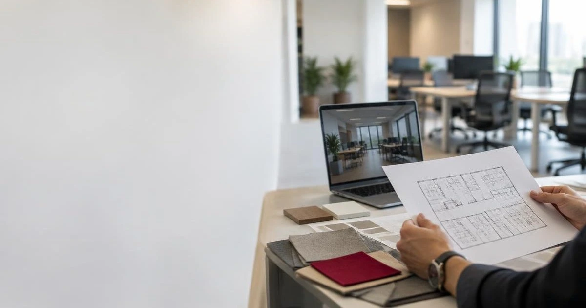Office fit-out plan Image of a person holding the blueprint to an office fit-out