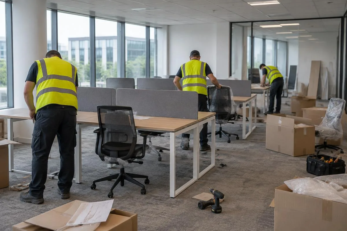 Installation before handover Installation team assembling chairs and desks in a new office before handover