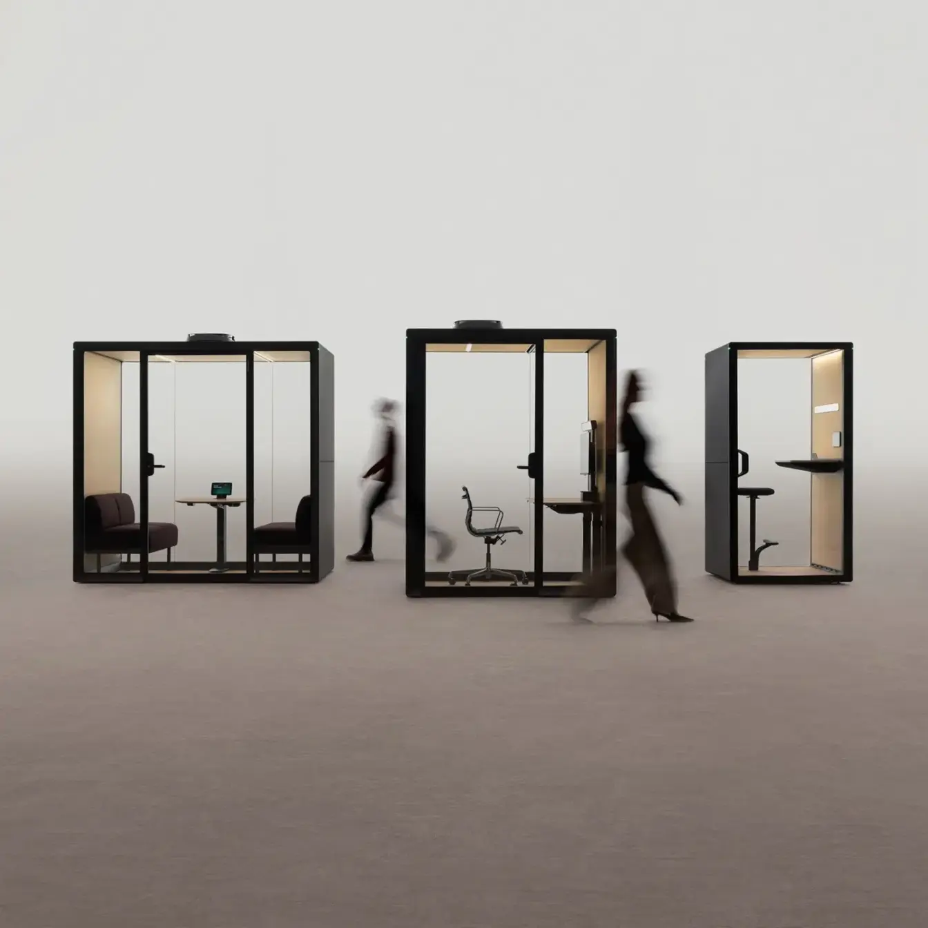 Framery booth range Range of Framery acoustic booths from single-person phone booths to small meeting pods