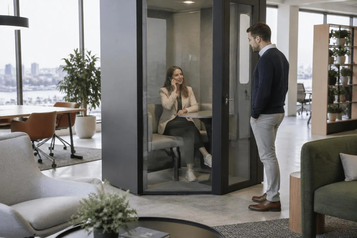 Testing a booth in the Almaty showroom Visitor testing an acoustic booth at the Office Design showroom in Almaty while a colleague listens outside