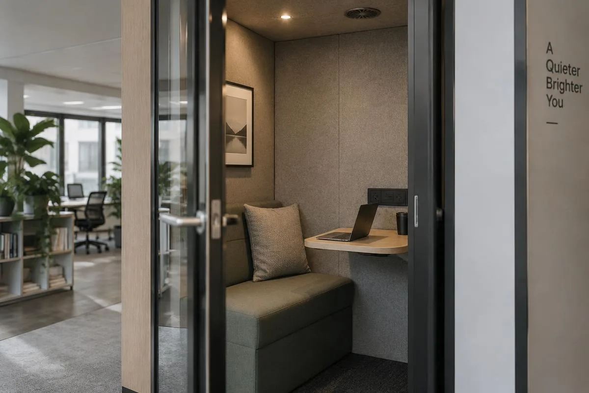 Acoustic booth interior Inside an acoustic office booth with a small work surface, seat and built-in lighting