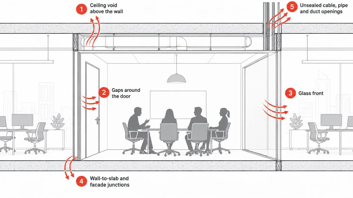 Where sound leaks from a drywall room Cross-section of a drywall meeting room with sound leaking through the ceiling void, door gap, glass and wall junctions