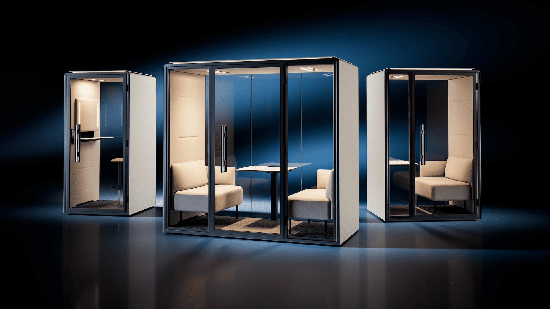 Range of Silen acoustic booths from single-person phone booths to small meeting pods