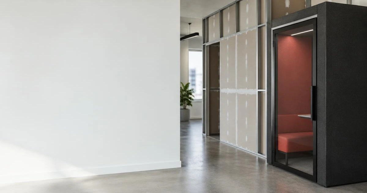 Acoustic booth vs drywall meeting room Abstract illustration of sound waves passing through a straight wall and stopping at a solid red rounded outline