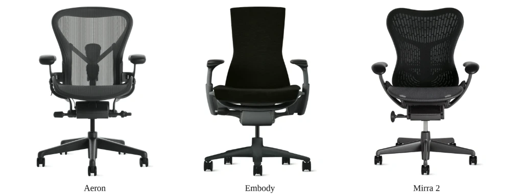 Aeron, Embody and Mirra 2 Herman Miller Aeron, Embody and Mirra 2 office chairs side by side