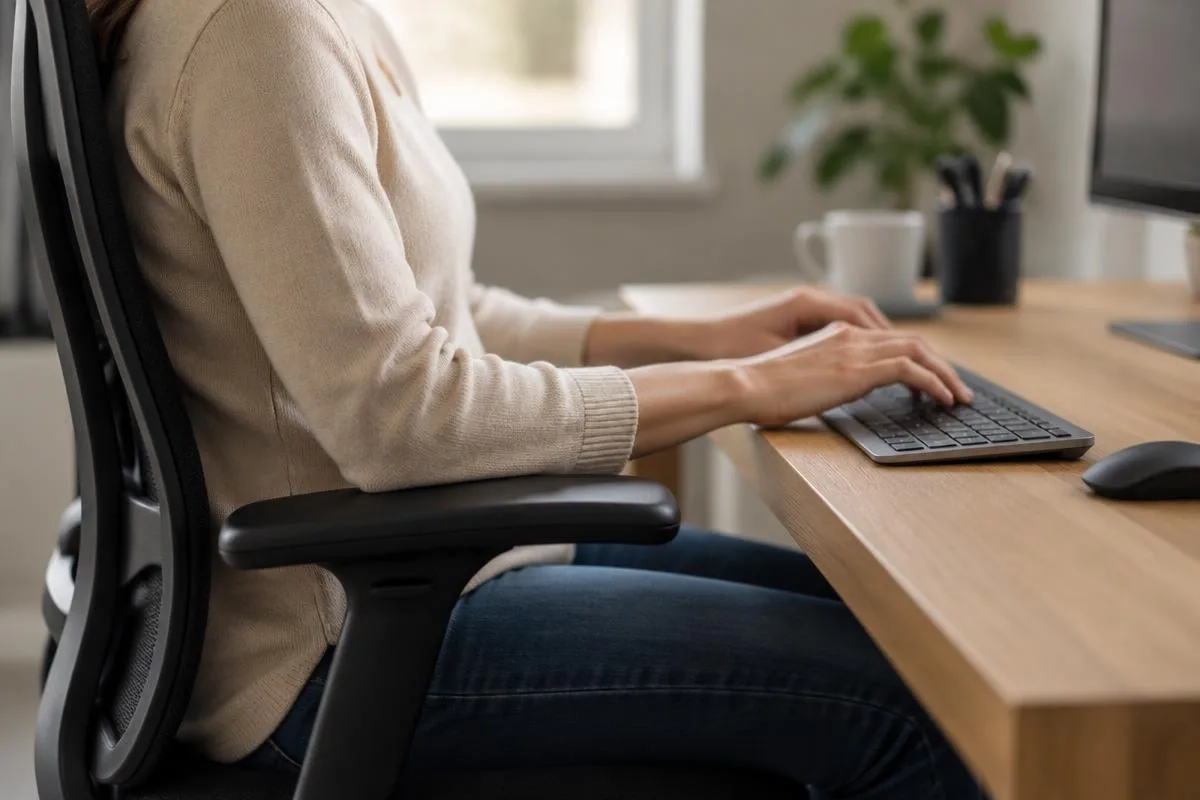 Setting armrest height Forearms resting lightly on adjusted armrests at keyboard height