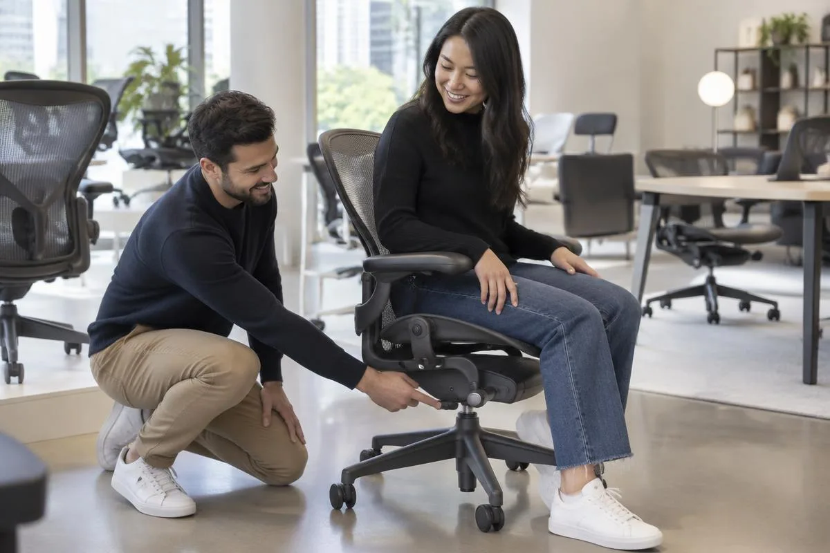 Chair fitting in the Almaty showroom Specialist helping a customer adjust a Herman Miller chair in the Office Design showroom in Almaty