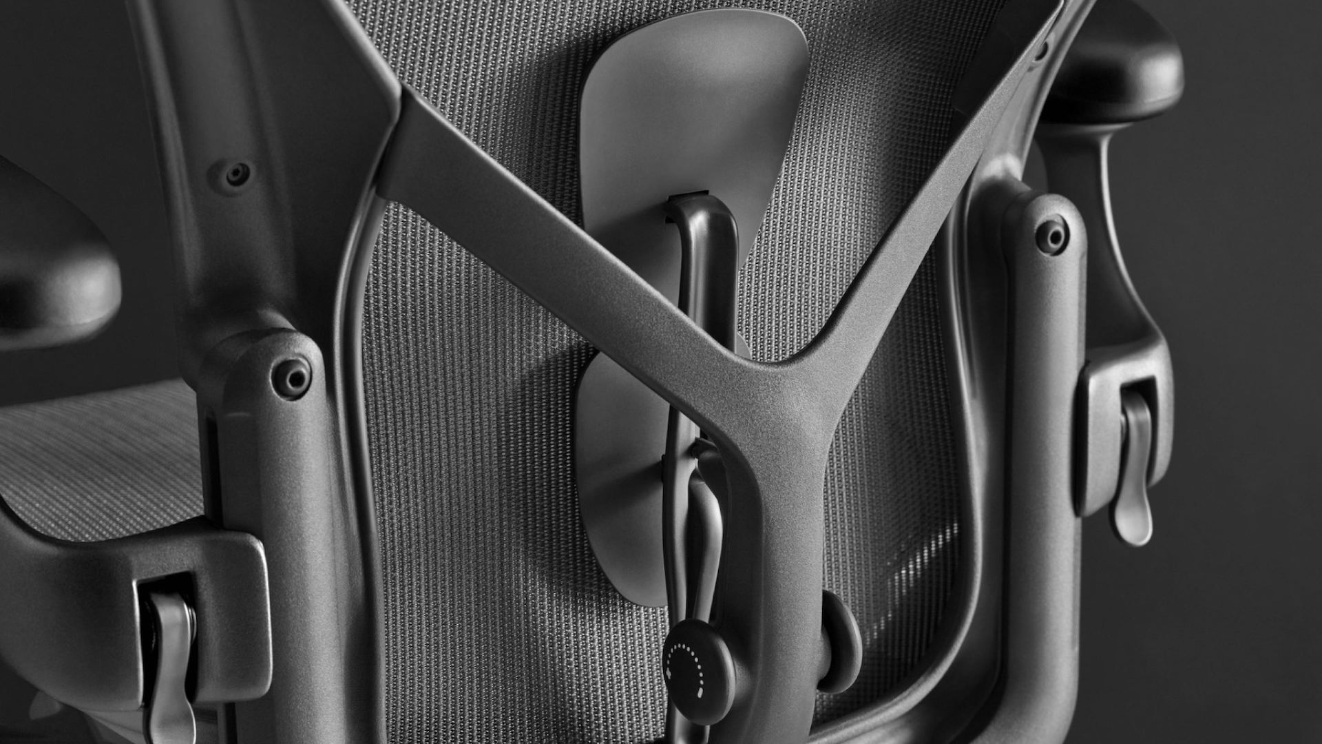 Back and lumbar support detail Close-up of the Herman Miller Aeron PostureFit SL back support at the small of the back