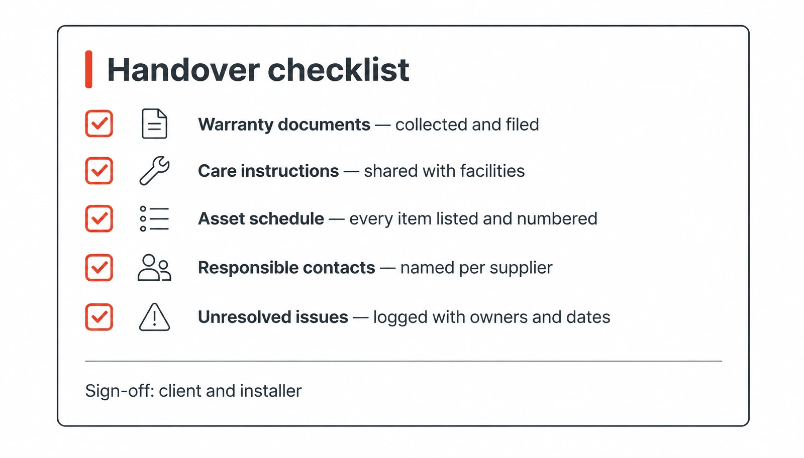 Office handover checklist Office handover checklist covering warranties, care instructions, asset records and open issues