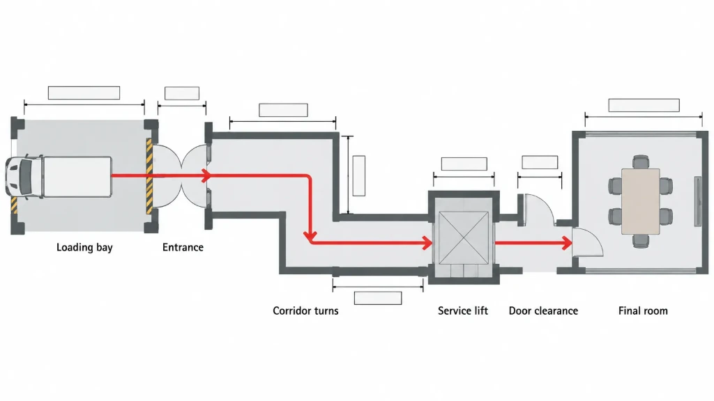 Destination access survey Destination access survey showing loading bay, corridor turns, service lift and final room route.