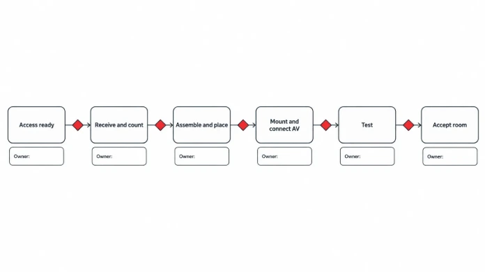 Delivery handover sequence Delivery handover sequence from site readiness and freight arrival through assembly, AV connection and room acceptance.