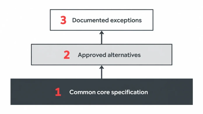 Three-layer furniture standard Three-layer furniture standard showing a common core, approved alternatives and a controlled exception process.