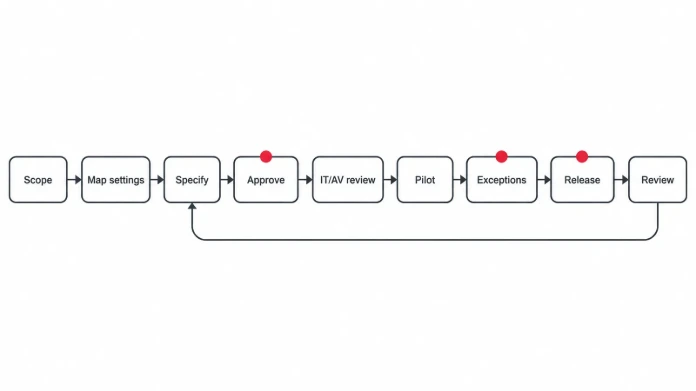 Standard approval workflow Approval workflow from business brief to specification, pilot, exception review and controlled release.