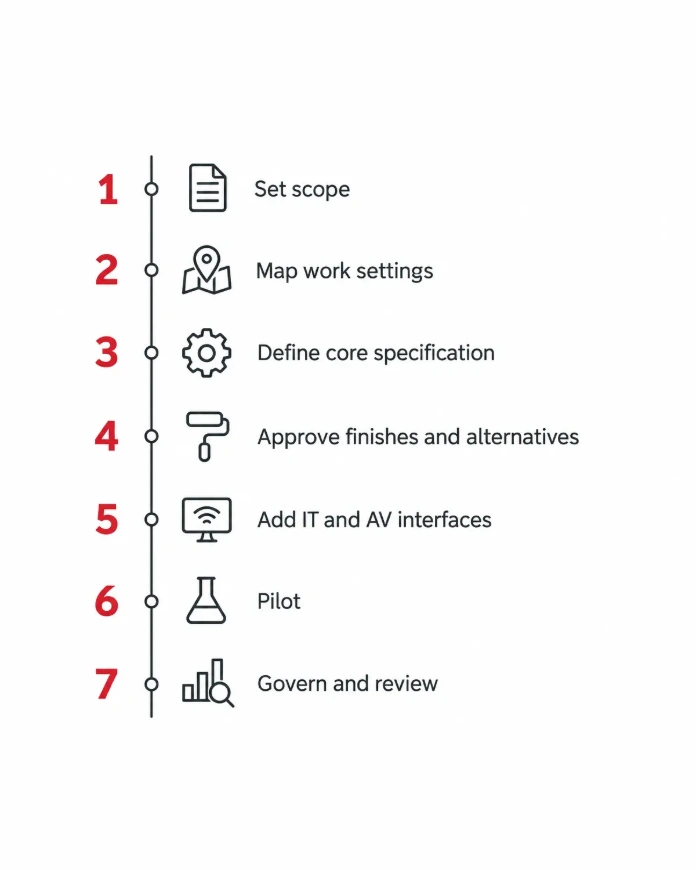 Seven-step standard checklist Seven-step procurement checklist for building a company-wide furniture specification across office locations.