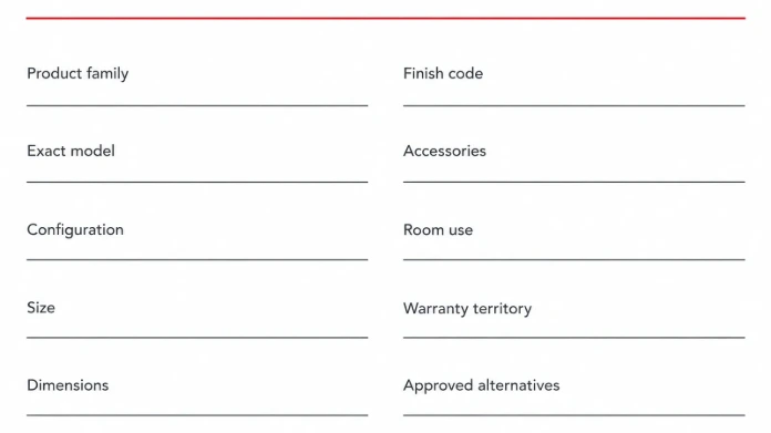 Core product specification Furniture specification record with model, configuration, size, finish, dimensions, accessories and warranty fields.