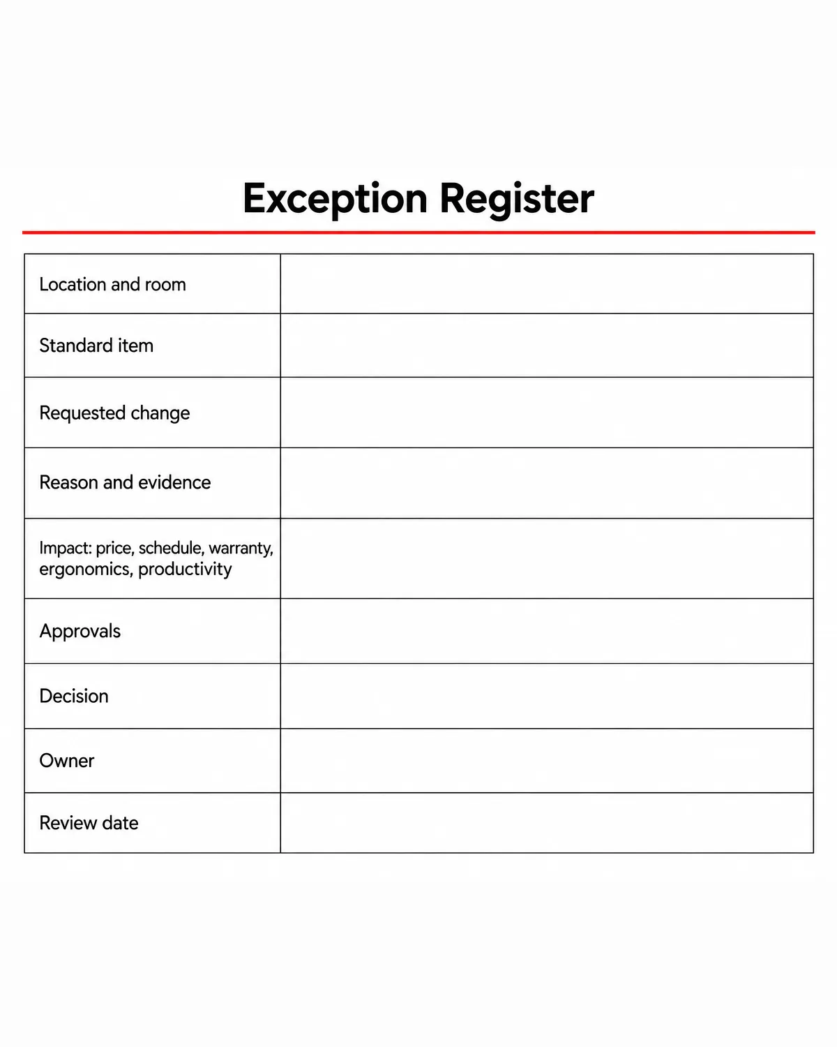 Local exception register Exception register template for location, standard item, requested change, evidence, impact, approvals and review date.